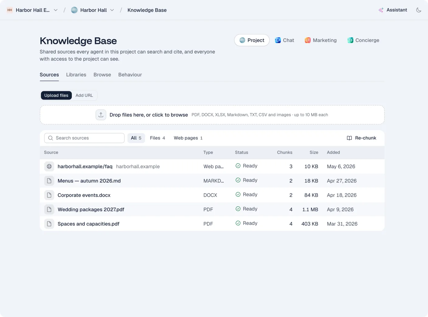 The knowledge base: the website FAQ, menus, packages and room capacities the agent answers from