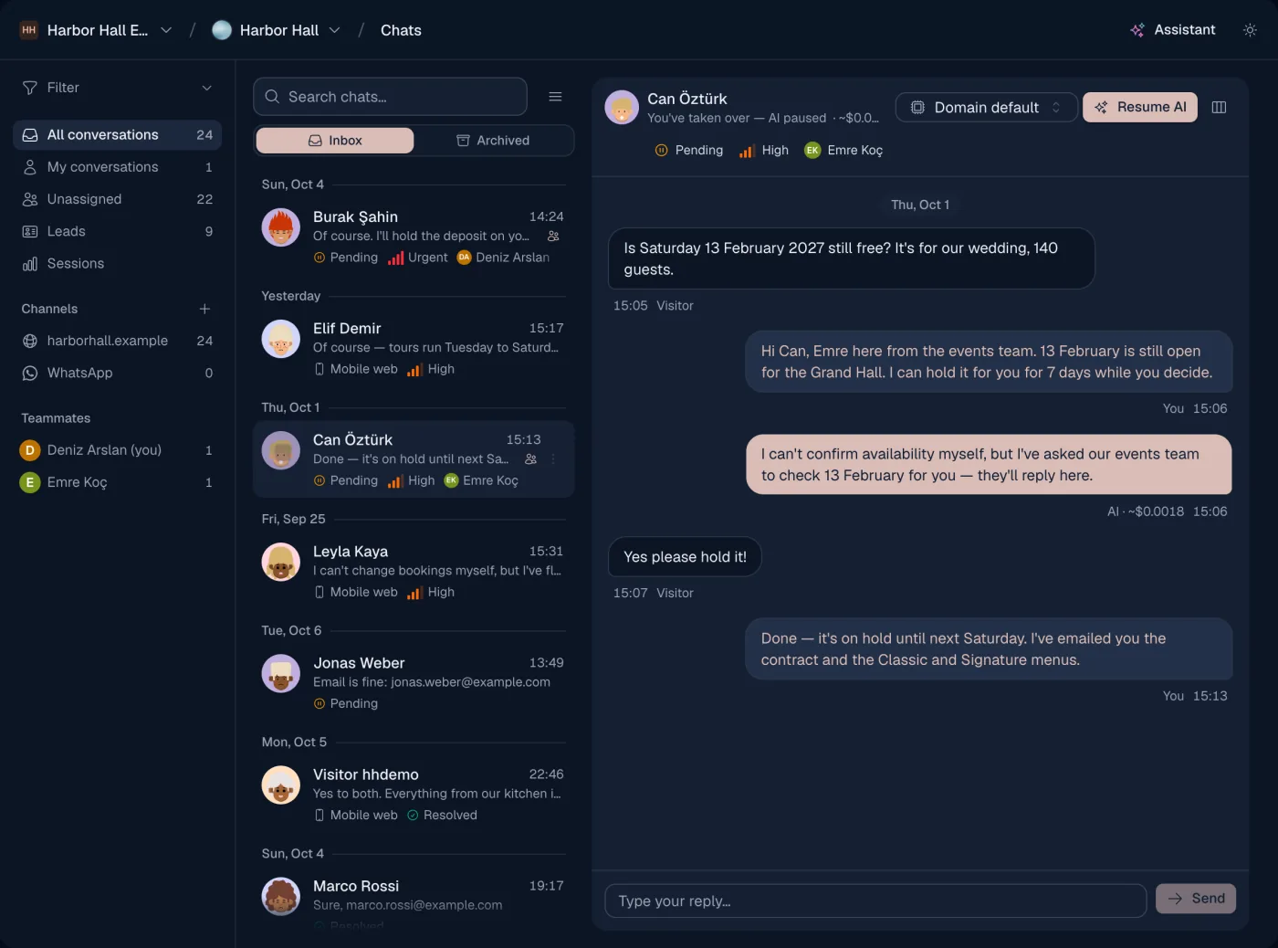 A conversation a teammate took over, with the AI paused and a Resume AI button