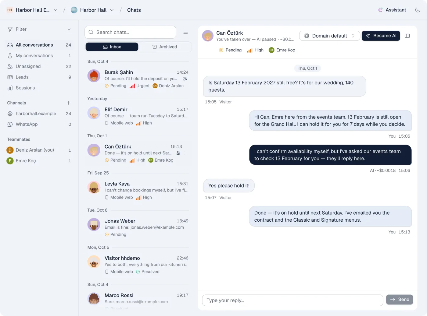 A conversation a teammate took over, with the AI paused and a Resume AI button
