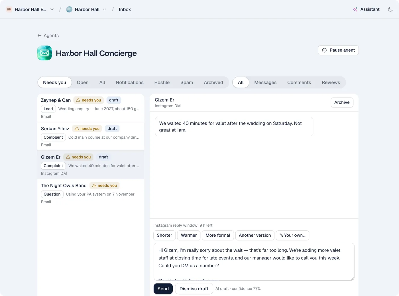 One inbox with email and Instagram messages; an Instagram DM is open with a reply draft