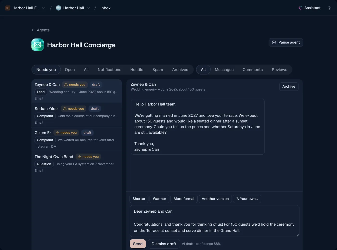 An email with its reply draft, the AI's confidence, and Send or Dismiss draft