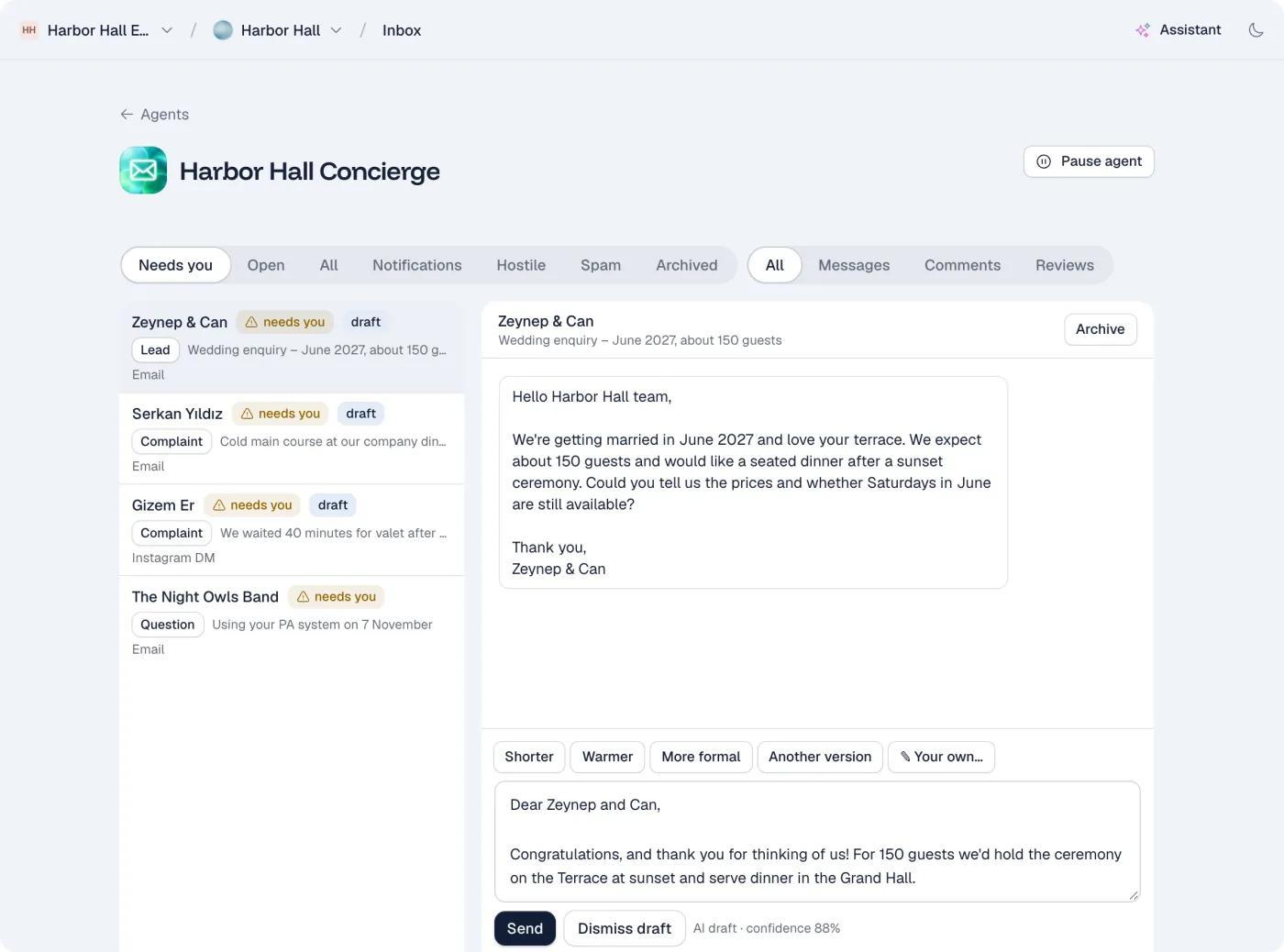An email with its reply draft, the AI's confidence, and Send or Dismiss draft