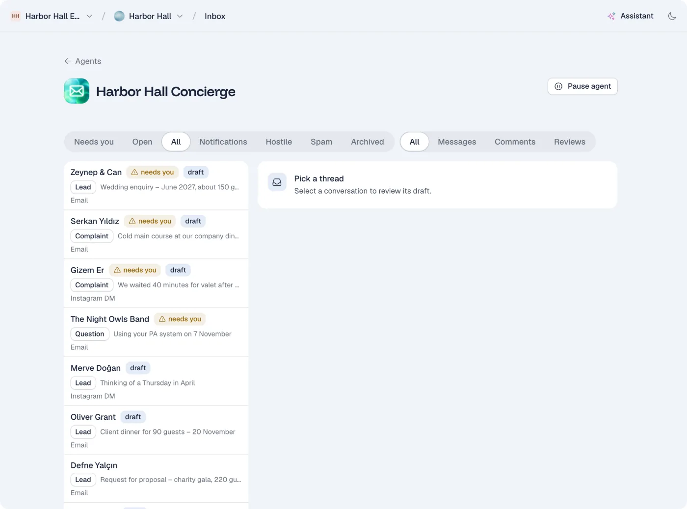 Every message labelled by type: lead, complaint, question and more