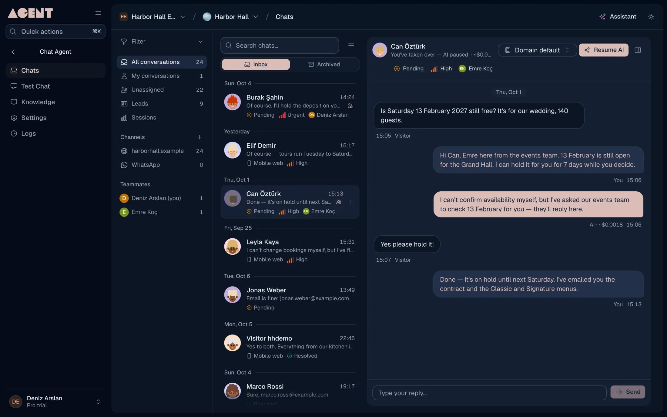 The chat inbox: conversations with status and urgency, and one a teammate has taken over