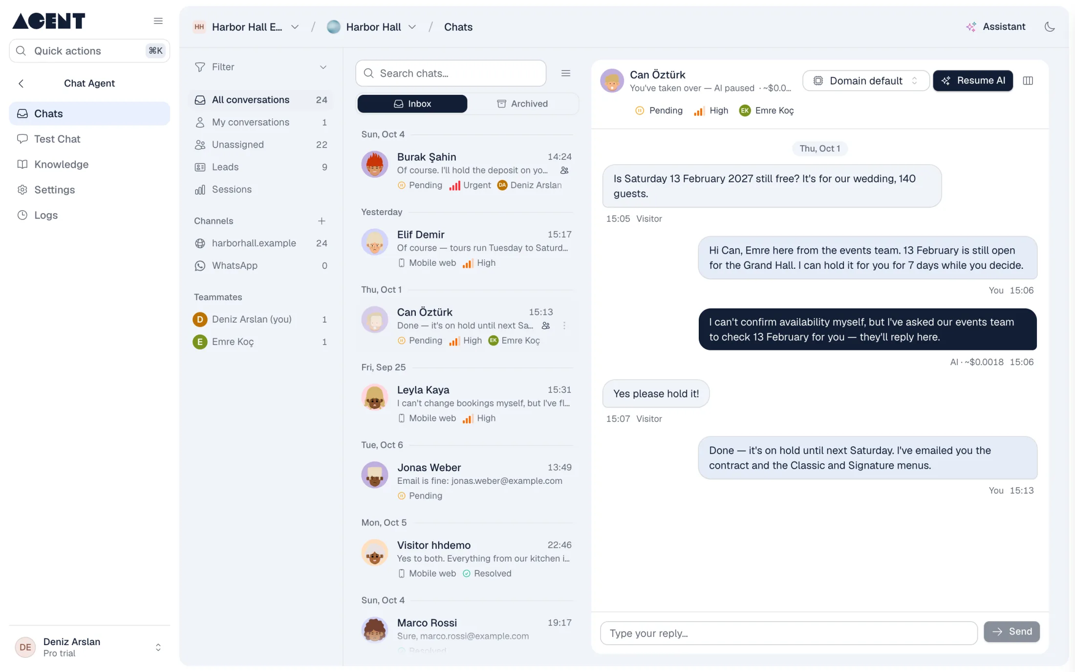 The chat inbox: conversations with status and urgency, and one a teammate has taken over