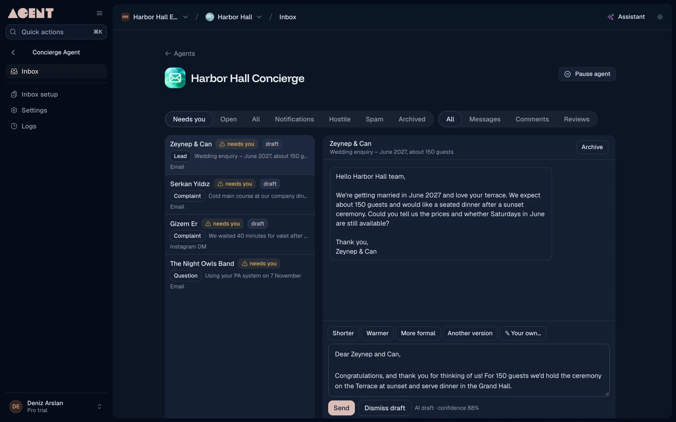 The concierge inbox: messages sorted by type, and a reply draft ready to send