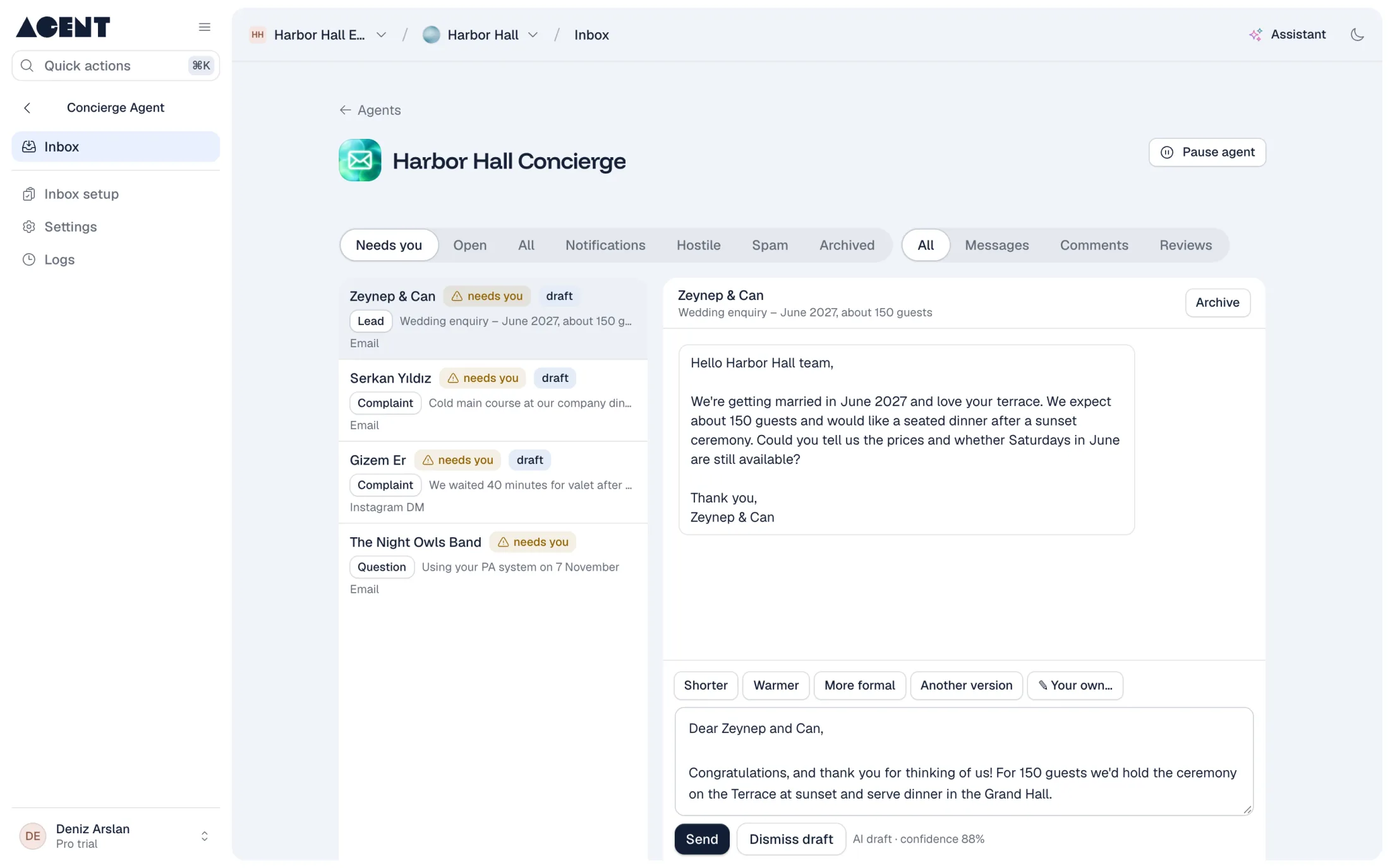 The concierge inbox: messages sorted by type, and a reply draft ready to send