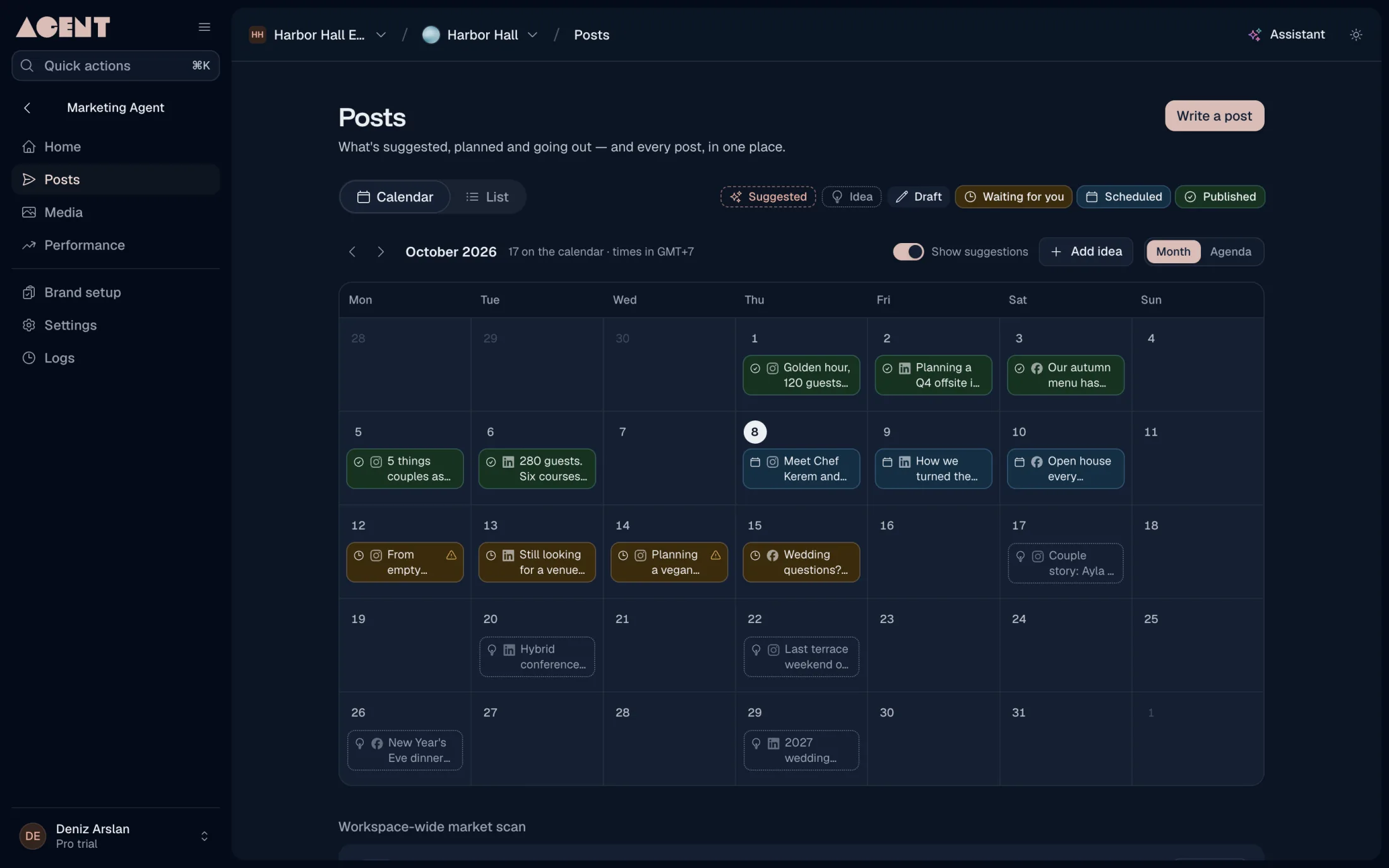 The posting calendar for the month, with posts suggested, drafted, scheduled and published