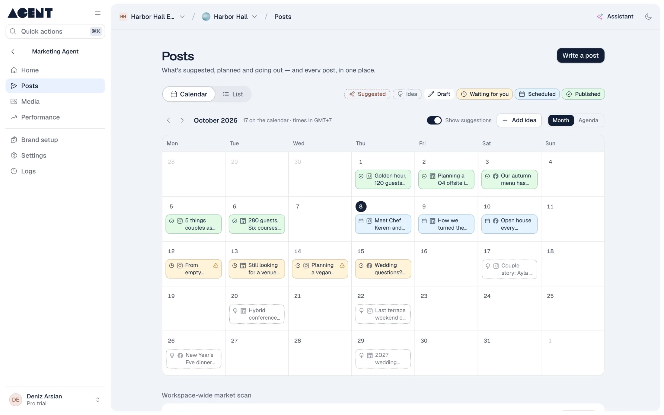 The posting calendar for the month, with posts suggested, drafted, scheduled and published