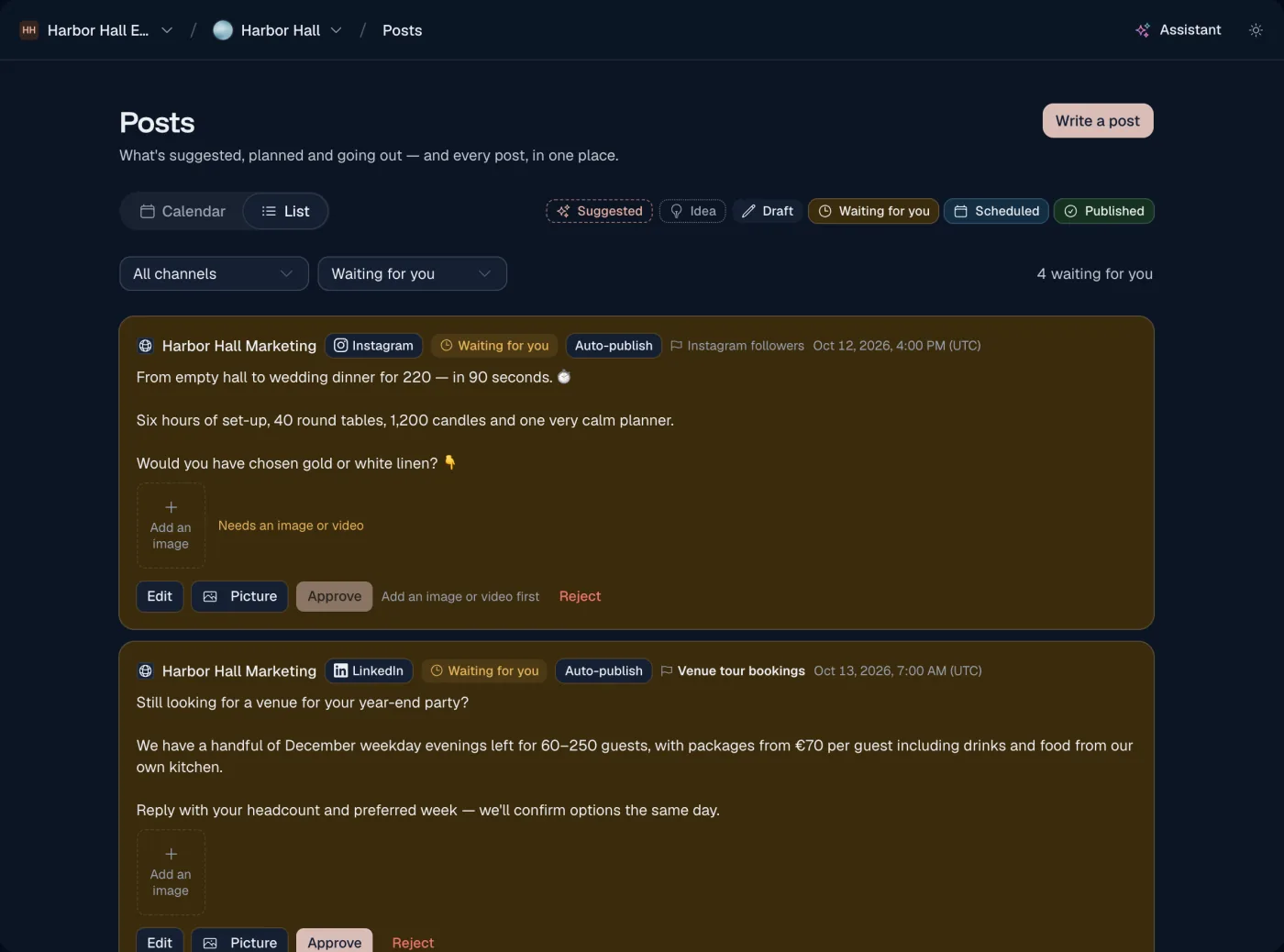 Posts waiting for approval, each with Edit, Approve and Reject