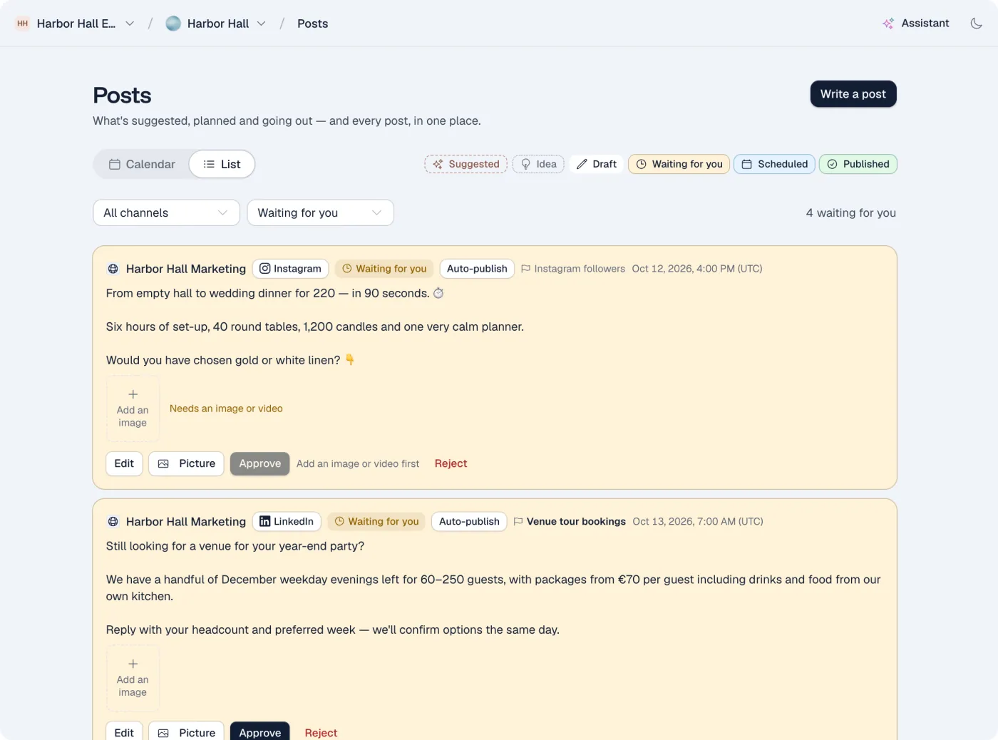 Posts waiting for approval, each with Edit, Approve and Reject