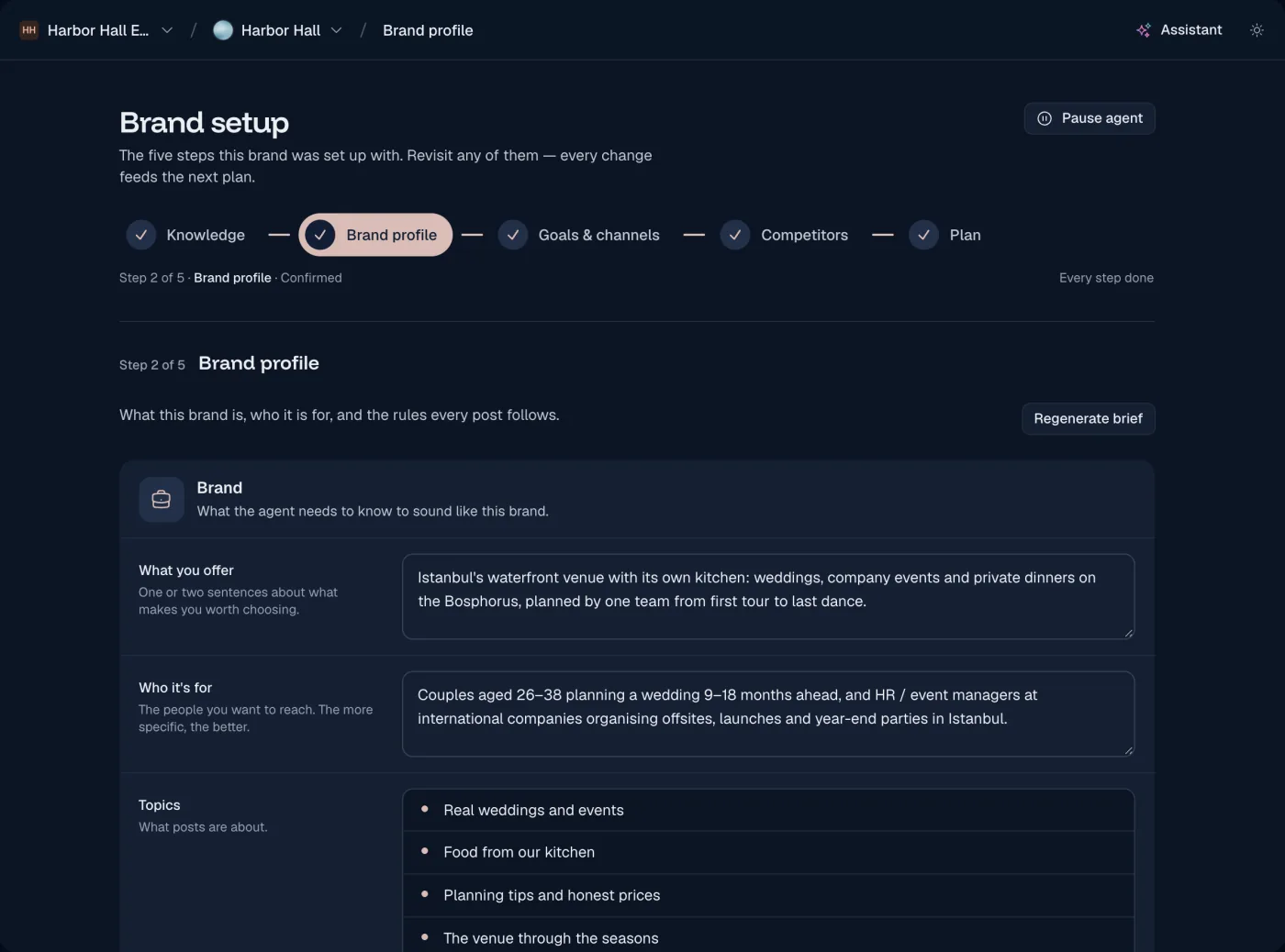 The brand profile the agent writes every post from: what the brand offers and who it is for