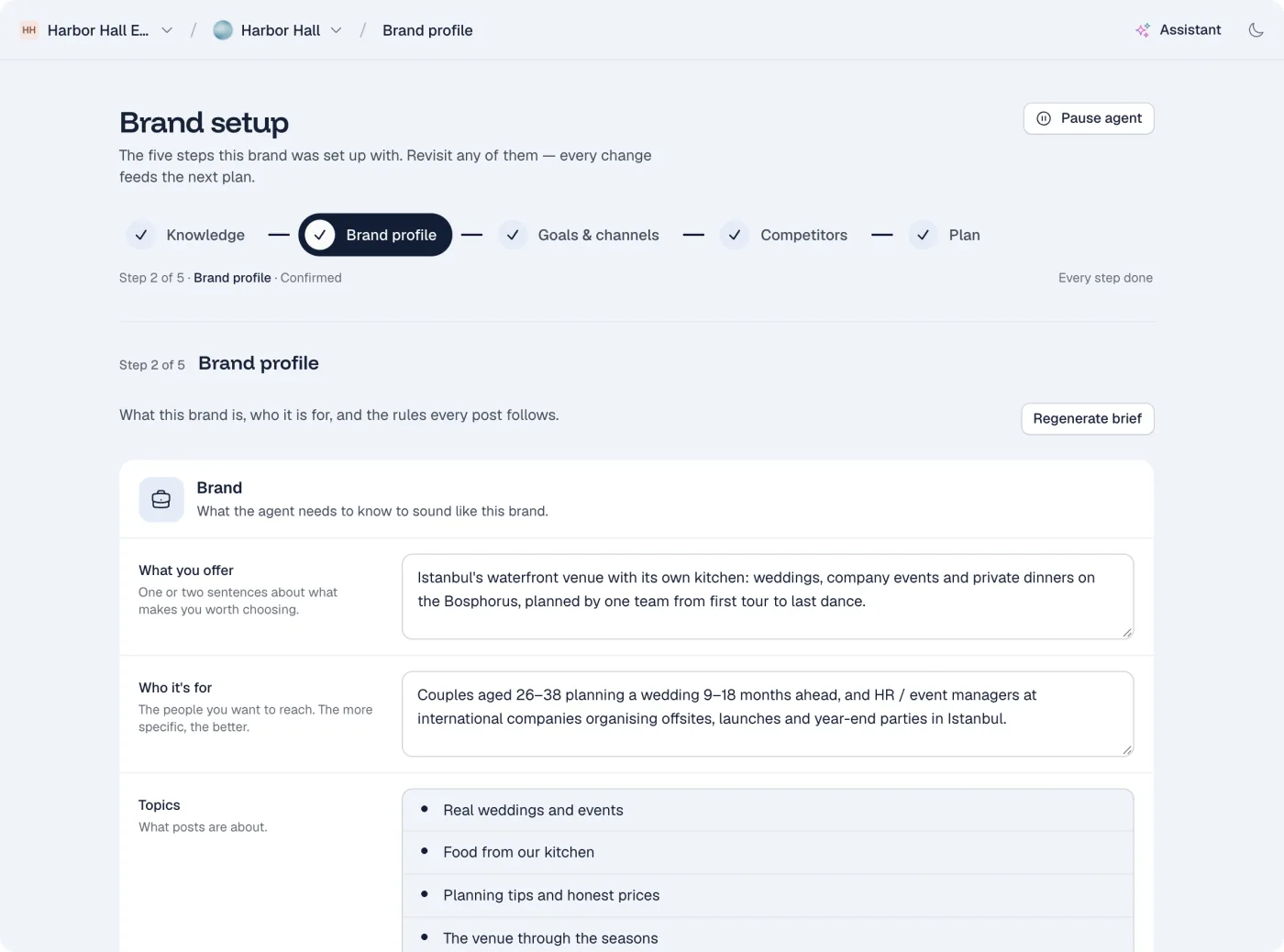 The brand profile the agent writes every post from: what the brand offers and who it is for
