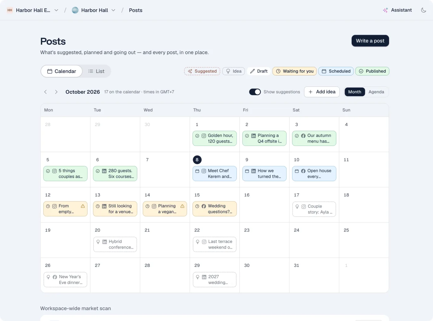 The posting calendar for the month, with posts drafted, scheduled and published