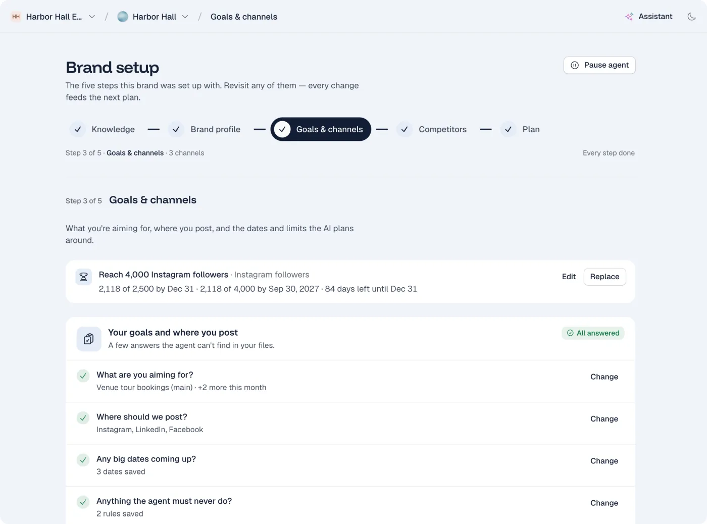 Brand setup: a follower goal with progress, and this month's goals and channels